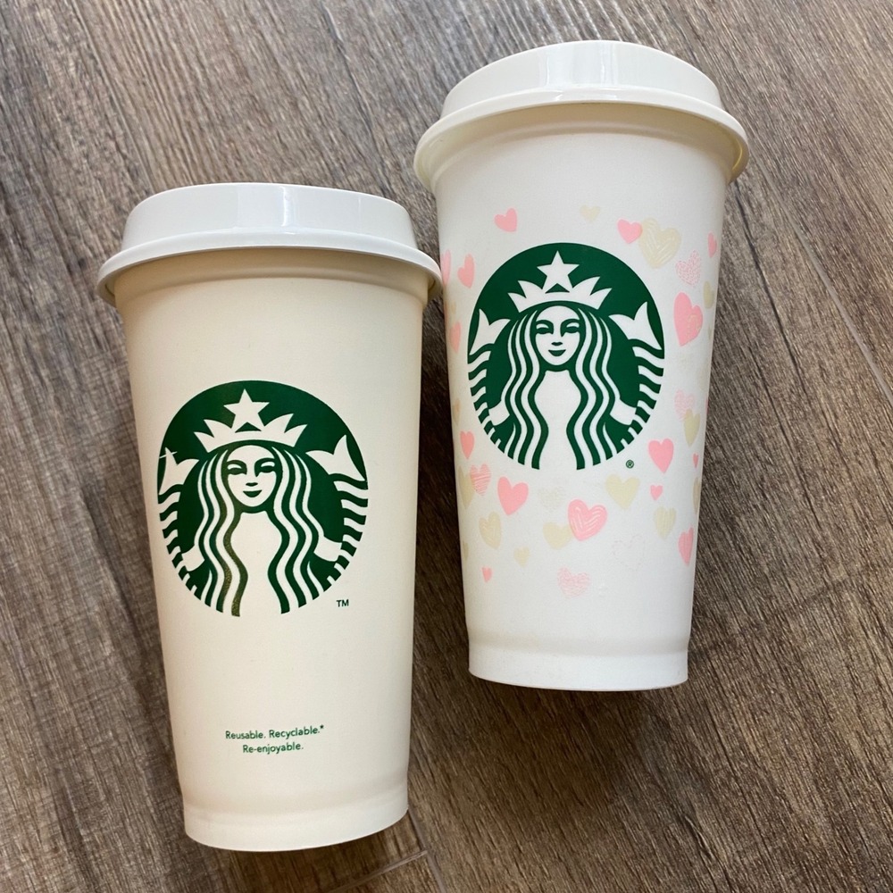 Starbucks Reusable Hot Cup Set 16oz Siren Logo & Pastel Hearts Travel Mugs 2pk